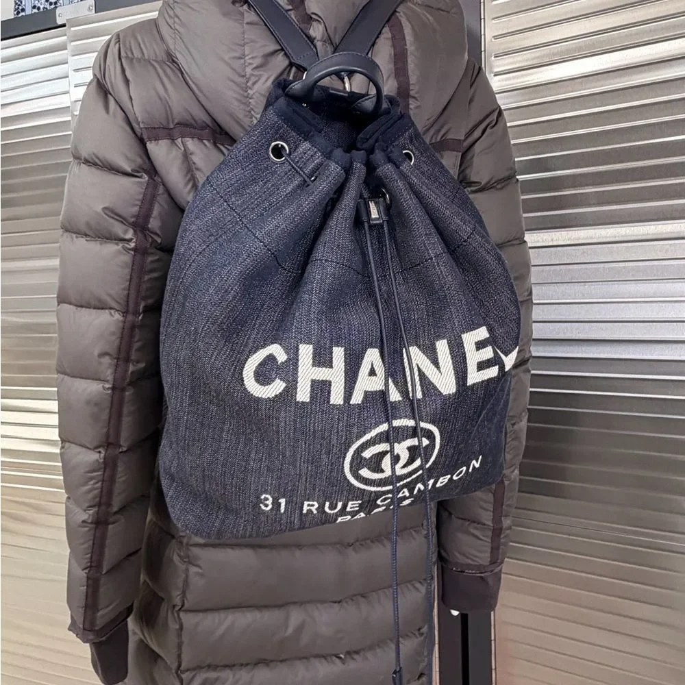 Chanel Deauville Large Navy Denim Canvas Drawstring Backpack